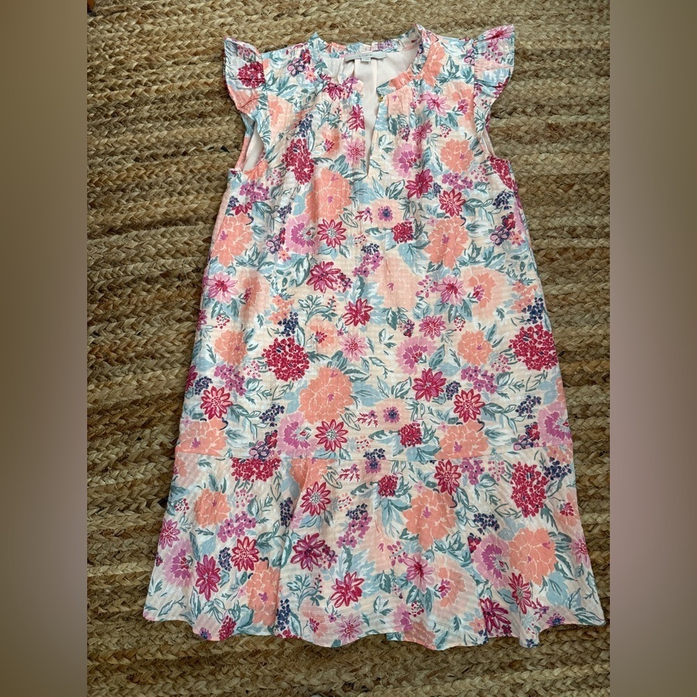 Loft Small Pink Floral Feminine Sleeveless Dress with Ruffle Sleeves